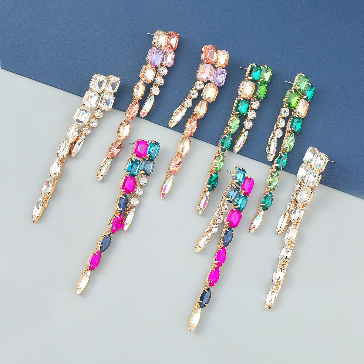 Fashion Color Diamond Series Alloy Inlaid Diamond Double layer Geometric Long Earrings Women's Earrings