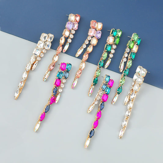 Pendientes largos geométricos de doble capa con incrustaciones de diamantes de aleación de serie de diamantes de colores de moda para mujer