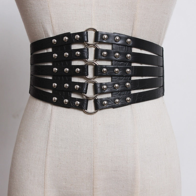 Hollow out Punk Personality Rivet Waist Cover Super Wide Women's Belt Decorative Dress Elastic Waist Cover