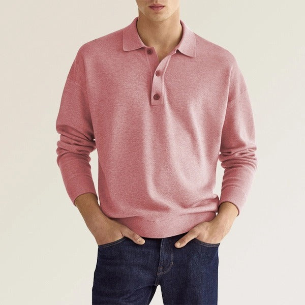 Polo informal de manga larga con cuello en V y botones para hombre de otoño