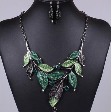 Classic Colorful Leaf Rhinestone Alloy Drop Necklace Earrings Jewelry