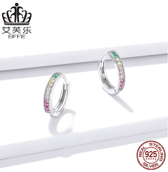 EIFFIE Sterling Silver Zircon Stud Earrings Colorful Earrings Female S925 Fashion Earrings Colorful Zircon Simple Fashion Stud Earrings