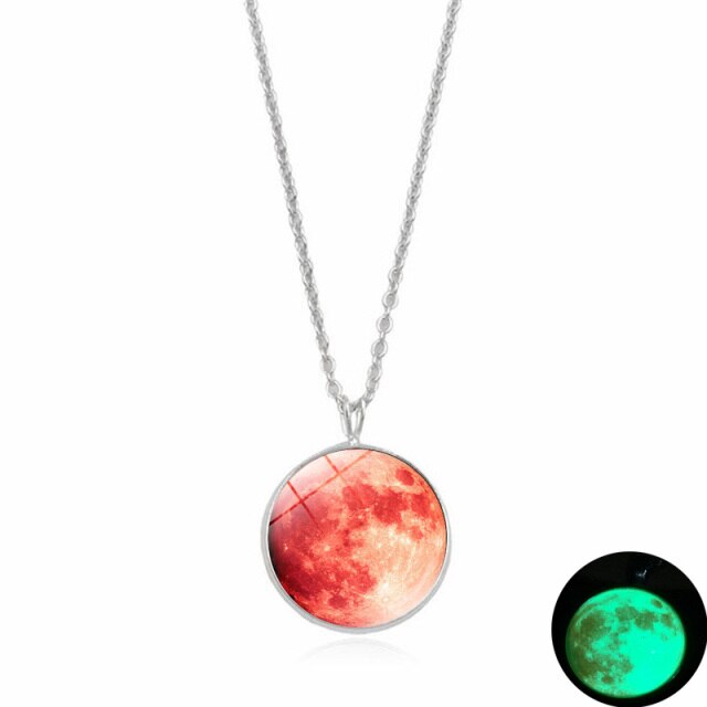 Glow In The Dark Moon Necklace 14mm Galaxy Planet Glass Cabochon Pendant Necklace Silver Chain Luminous