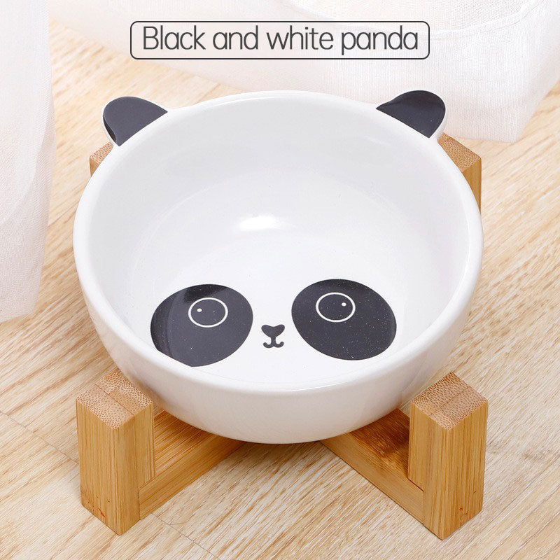 Double Ear Cartoon Ceramic Pet Bowl Bamboo Wooden Frame Matching Neck Bowl Dog Bowl Ceramic Cat Bowl