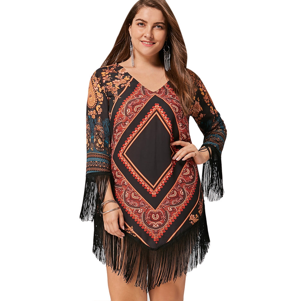 Plus Size Tribal Printed Chiffon Tassel Dress