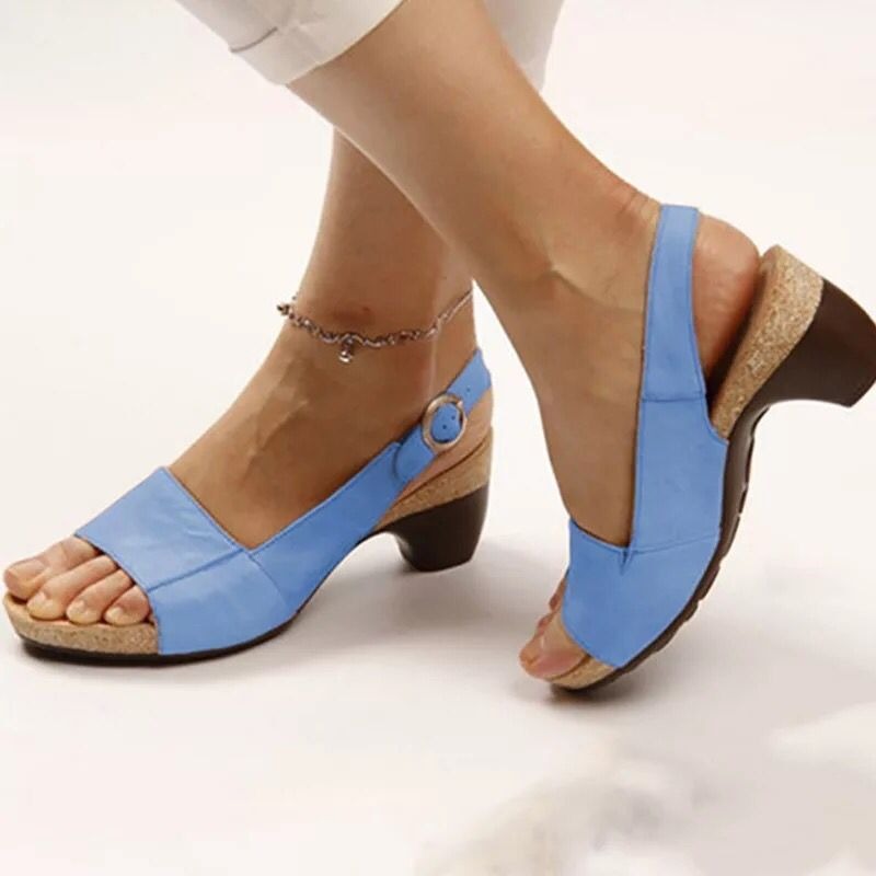 New Summer Medium Heel Thick Bottom Buckle Fish Mouth Sandals Womens Large Heels