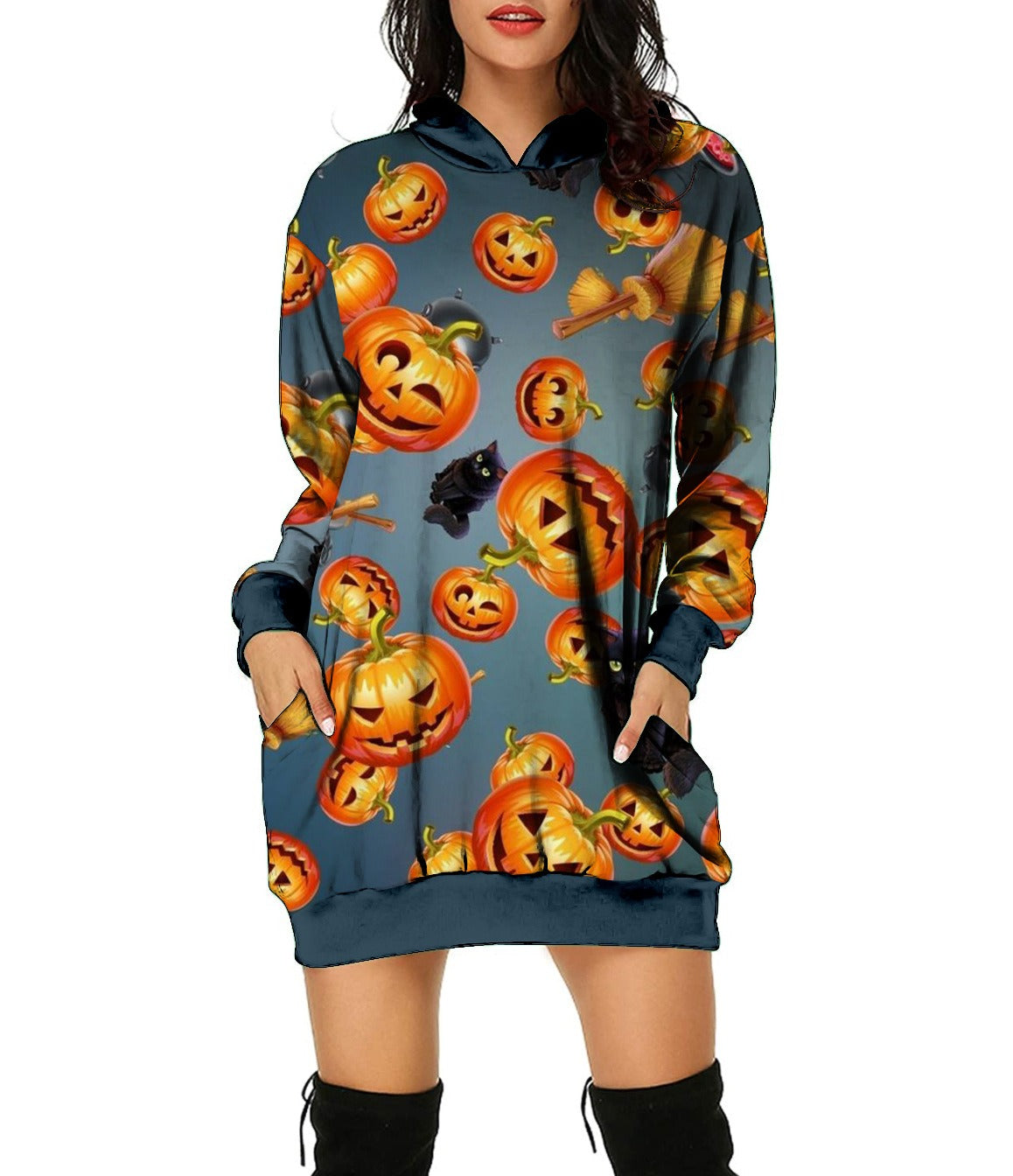 New Autumn and Winter Sweater Halloween 3D Print Loose Top Long Sleeve Hooded Pullover Sweater