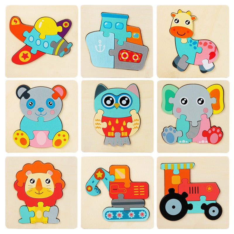 Wooden Small Puzzle Young Children Early Education Puzzle Card Buckle Three-Dimensional Animal Cartoon Shape Matching Puzzle Board Toys