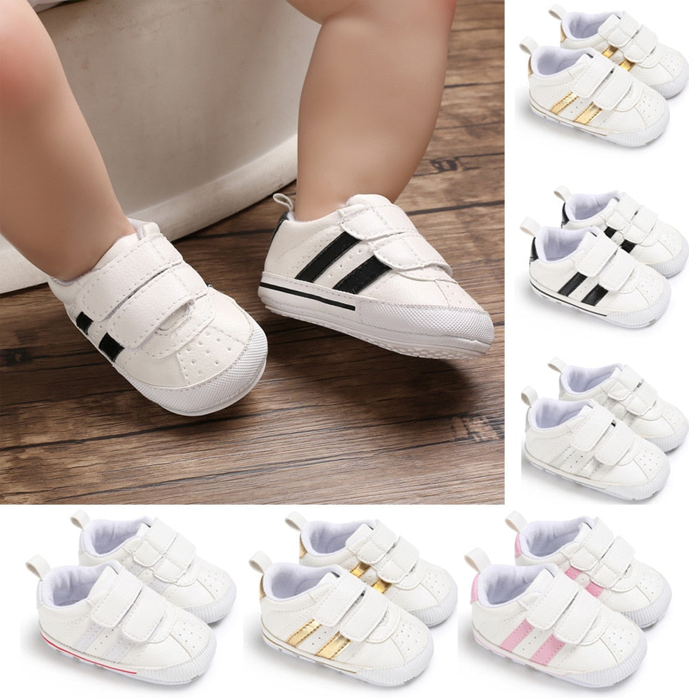 Zapatillas de deporte de suela blanda con velcro para bebés de 0 a 18 meses, zapatos de cuna para bebés y niñas, zapatos deportivos antideslizantes de cuero