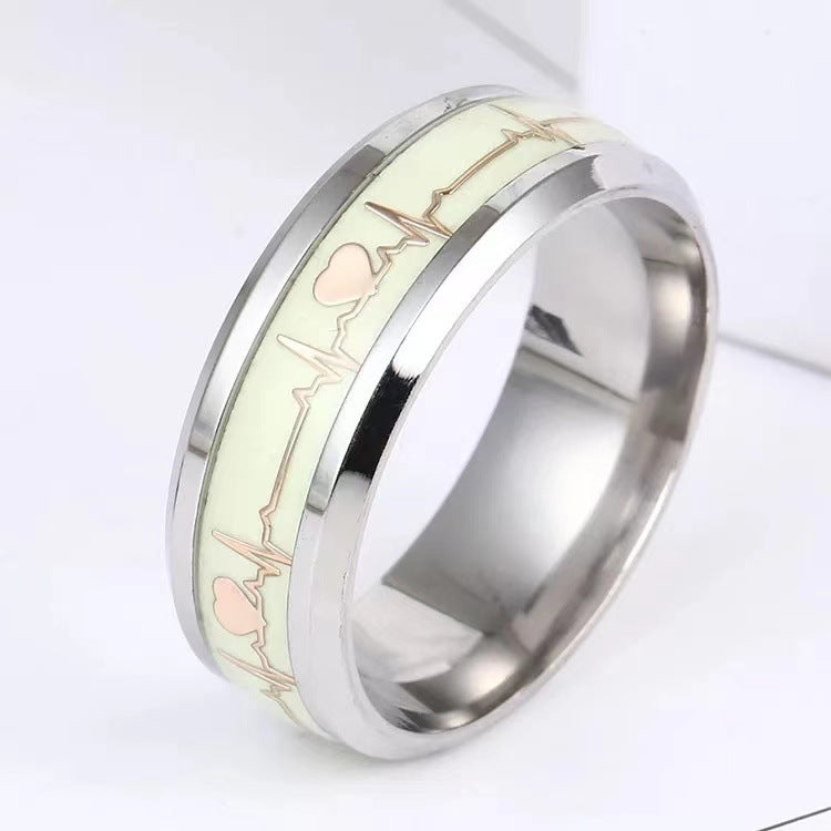 Luminous Titanium Steel Ring Electrocardiogram Luminous Fluorescent Jewelry Stainless Steel Ring Heartbeat Couple Love Finger Ring