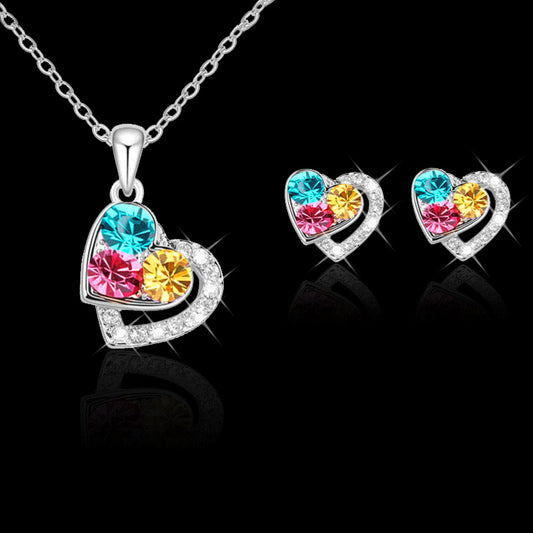 Fashion Women's Earrings Necklace Set Colorful Full Diamond Heart Pendant Necklace Stud Earrings