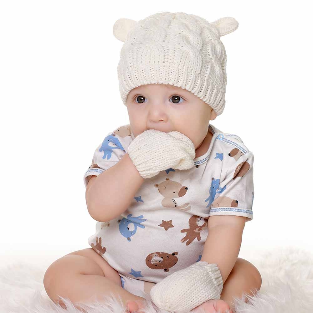 Gorro de punto cálido de invierno para bebés, niñas y niños, con orejas, sólido, cálido, bonito guante, 2 piezas, gorro encantador de 0 a 18 meses