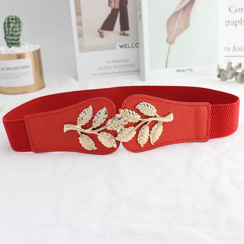 New Dress Decorative Belt Women Simple Elastic Waist South Korean Small Leaves Buckle Elastic Thin Waist Cover