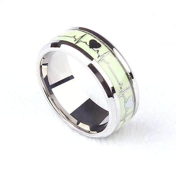 Luminous Titanium Steel Ring Electrocardiogram Luminous Fluorescent Jewelry Stainless Steel Ring Heartbeat Couple Love Finger Ring