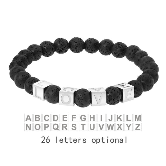 Pulsera de piedra volcánica Love Pulsera de cuentas de piedra volcánica Corroída por todos lados Pulsera de pareja con cuentas con personalidad y letras tridimensionales