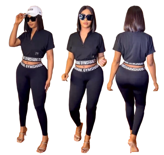 European and American women fashion casual printing black two piece set