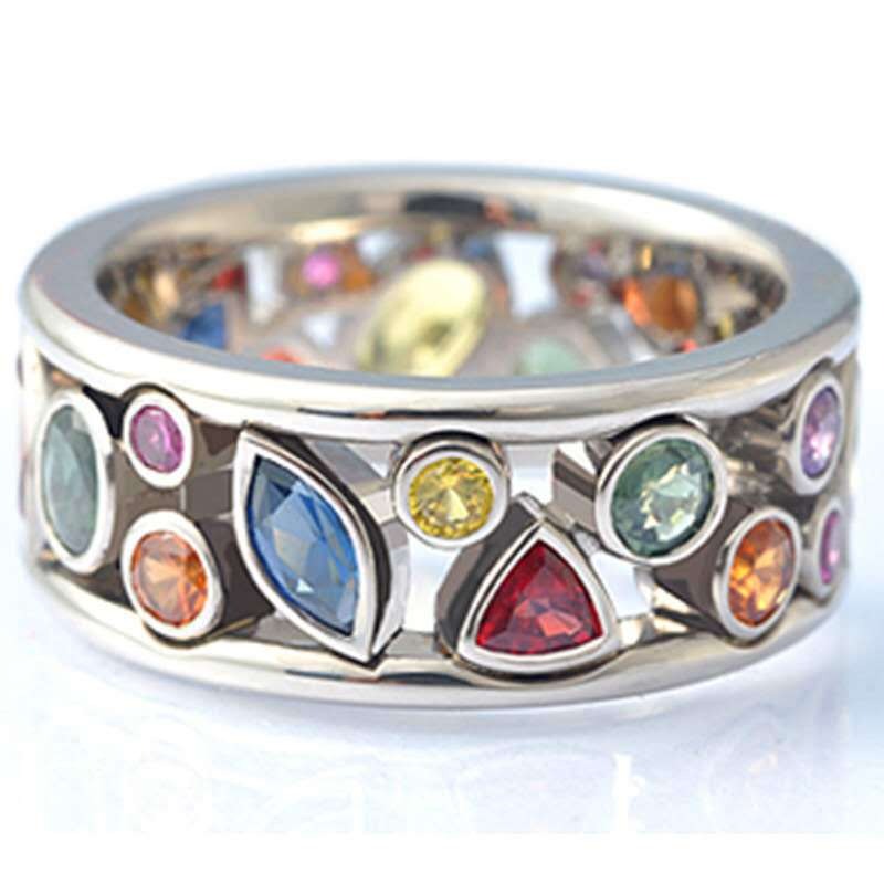 Anillo hueco con incrustaciones de diamantes multicolor, anillo femenino, exquisita joyería de circonita simple