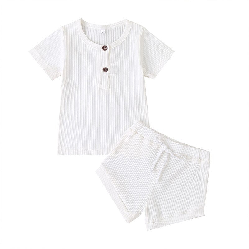 Ropa de verano para bebés, niños y niñas, camisetas con botones de punto acanalado para recién nacidos, camisetas y pantalones cortos, conjuntos de ropa para bebés