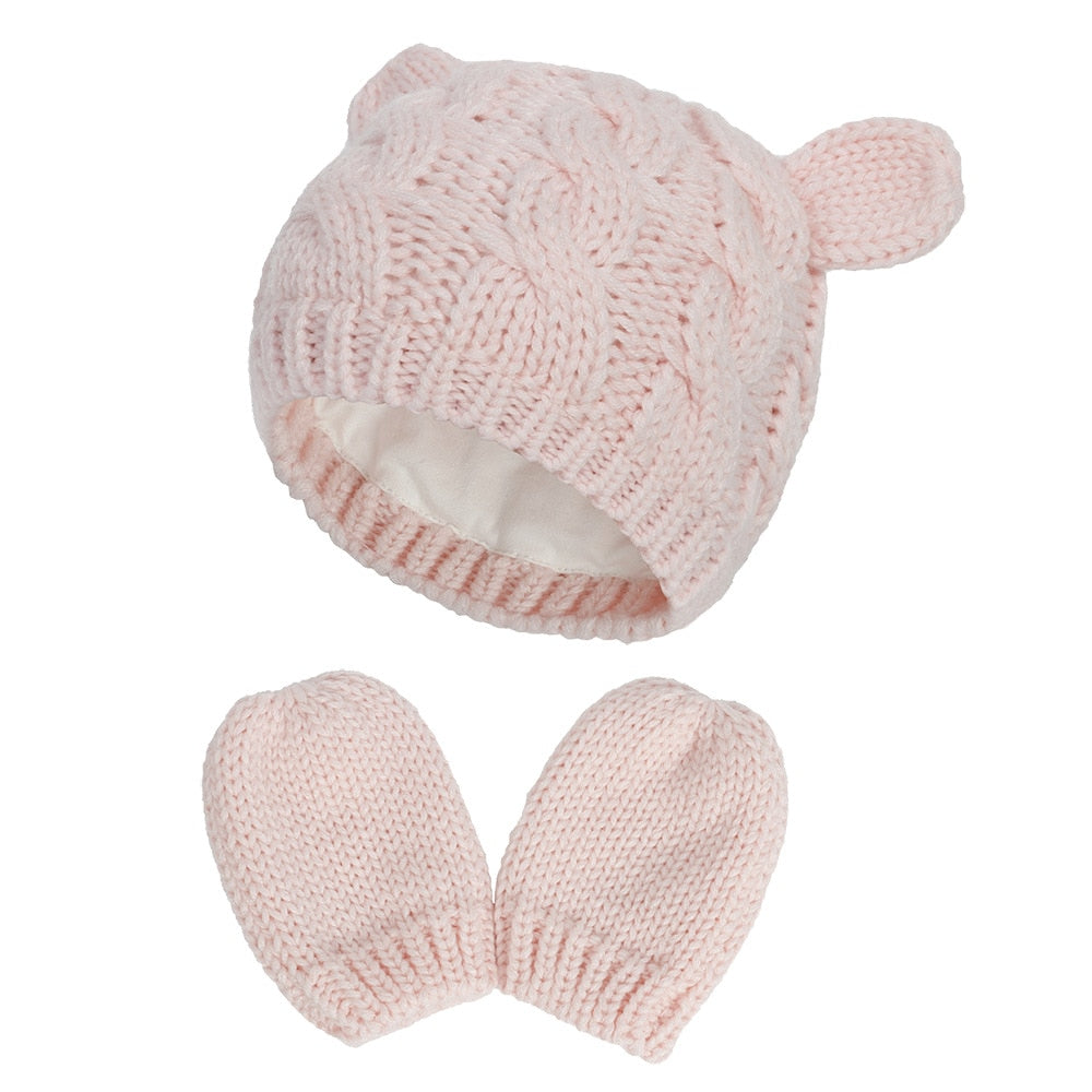 Gorro de punto cálido de invierno para bebés, niñas y niños, con orejas, sólido, cálido, bonito guante, 2 piezas, gorro encantador de 0 a 18 meses