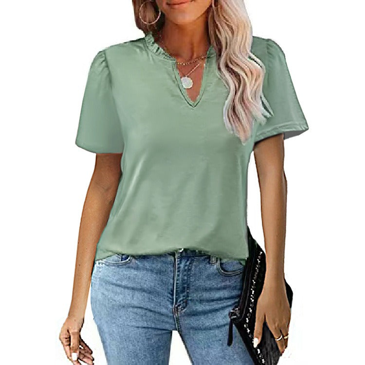 New Women's Dress Popular Wooden Ear Edge V-Neck Pleated Casual Short Sleeve T-shirt