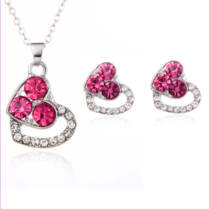 Fashion Women's Earrings Necklace Set Colorful Full Diamond Heart Pendant Necklace Stud Earrings