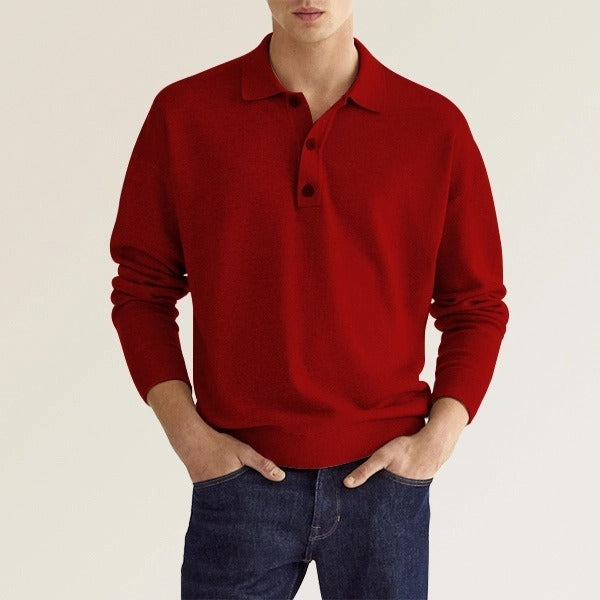 Polo informal de manga larga con cuello en V y botones para hombre de otoño