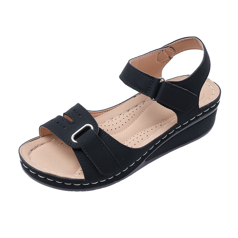 New Type Sandals Womens Flat Bottom Velcro Fish Mouth Thick Bottom Large One Word Strap Sandals