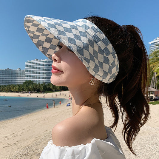 Sombrero de copa vacío de algodón con diseño de cuadros para mujer, sombrero de sol plegable con protección facial de verano, sombrero de sol con forma cóncava 