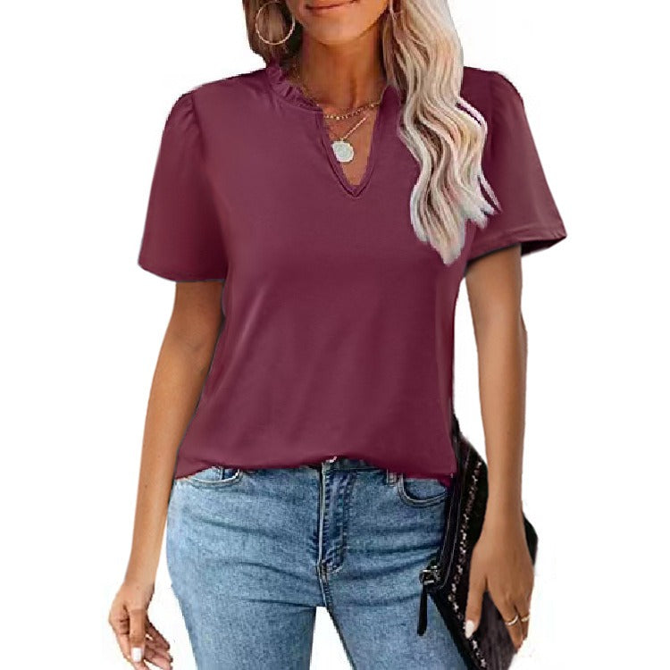 New Women's Dress Popular Wooden Ear Edge V-Neck Pleated Casual Short Sleeve T-shirt