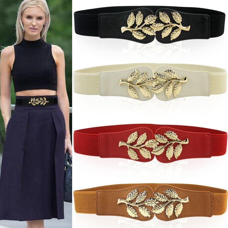 New Dress Decorative Belt Women Simple Elastic Waist South Korean Small Leaves Buckle Elastic Thin Waist Cover