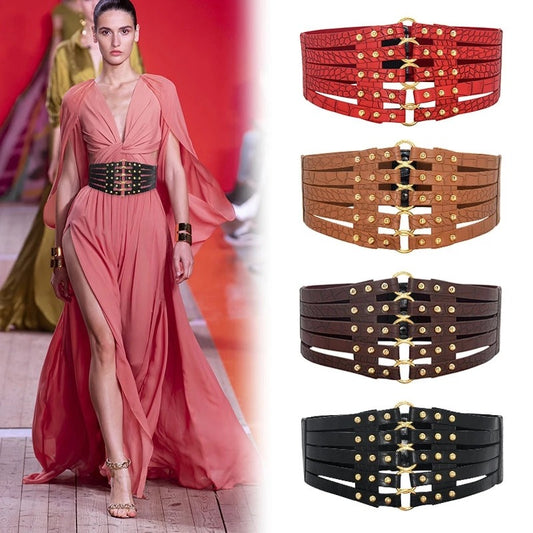 Hollow out Punk Personality Rivet Waist Cover Super Wide Women's Belt Decorative Dress Elastic Waist Cover