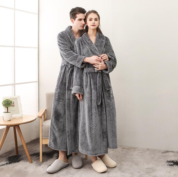 Winter Male Femlae Bathrobe Flannel Thick Robe Long Sleeve Soft Warm Bathrobe Men Women Home Wear Gown Robes Dressing Gown