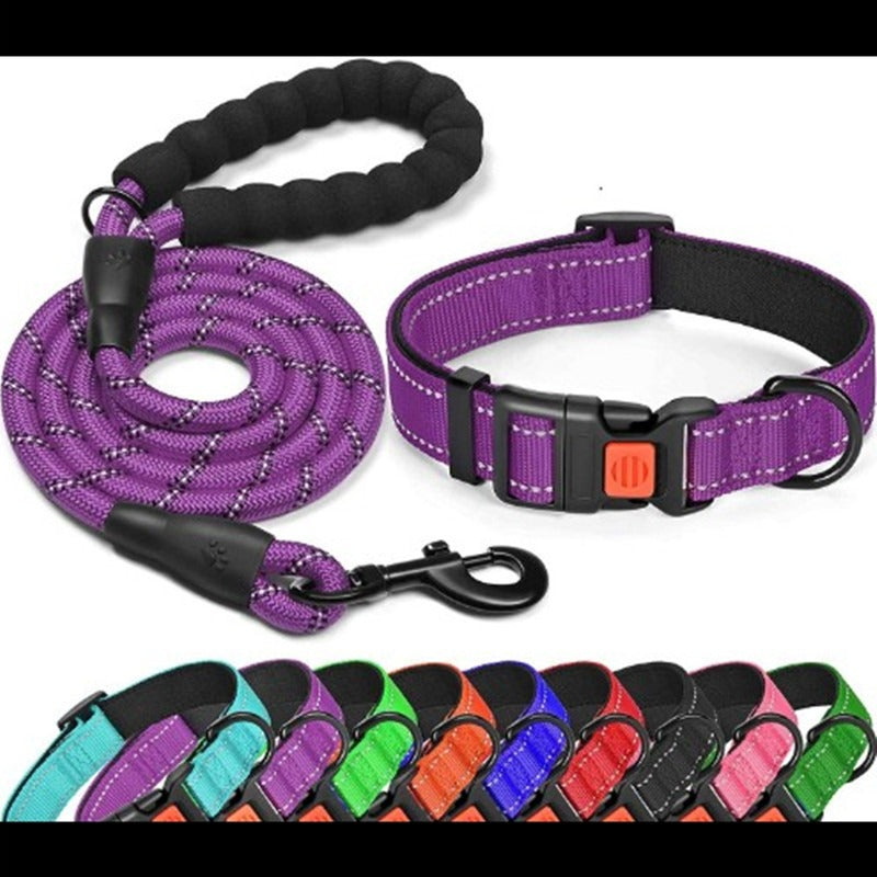 Pet Dog Collar Leash Traction Rope With Adjustable Reflective Nylon Webbing Dog Collar Set