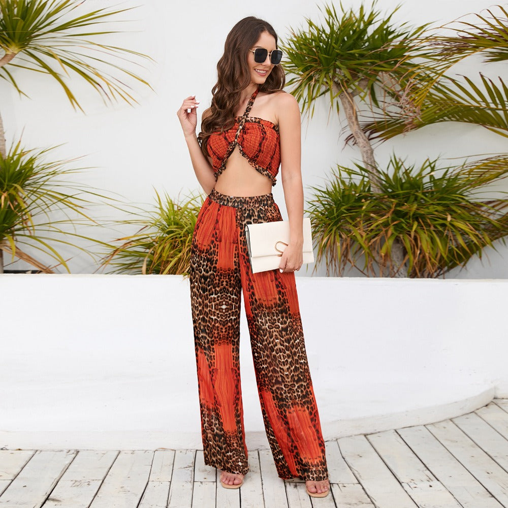 Summer New Suit Slim Fit Bustier Hanging Neck Top Printed Wide Leg Pants Casual Fashion Pants Set