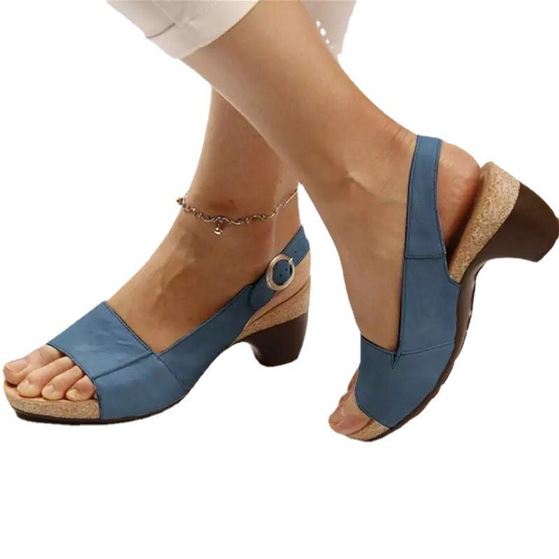 New Summer Medium Heel Thick Bottom Buckle Fish Mouth Sandals Womens Large Heels