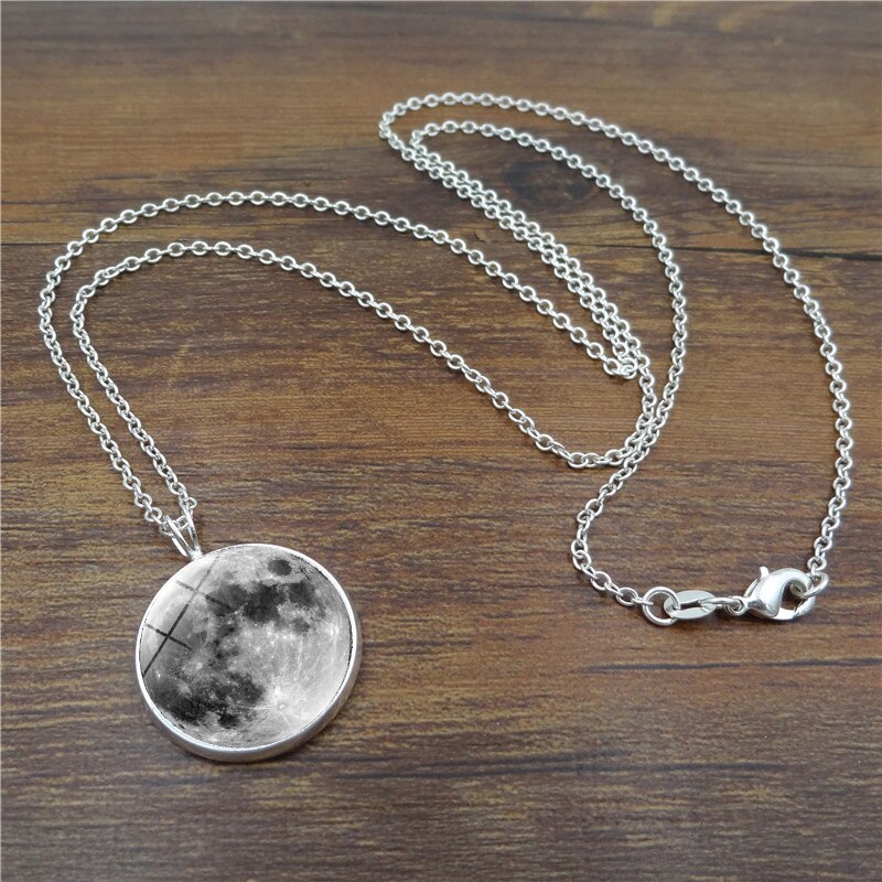 Glow In The Dark Moon Necklace 14mm Galaxy Planet Glass Cabochon Pendant Necklace Silver Chain Luminous