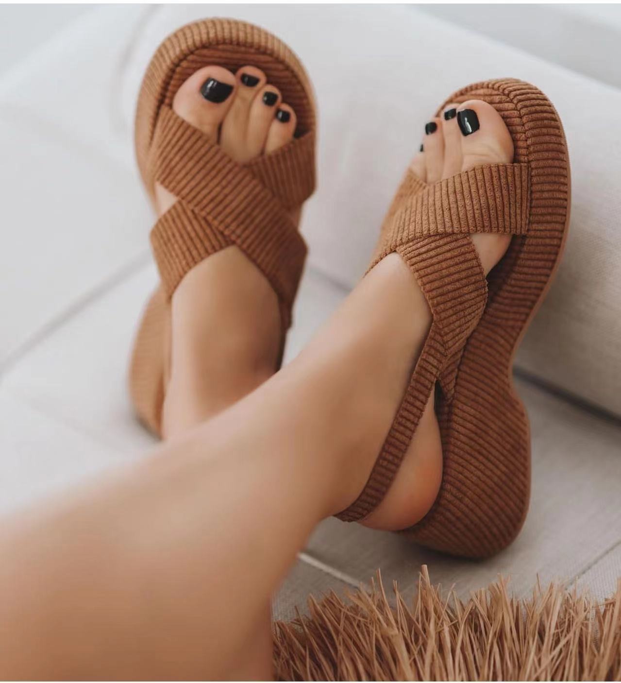 European and American Large New Summer Style Casual Thick Sole Lazy Slope Heel Crossover Towel Slippers