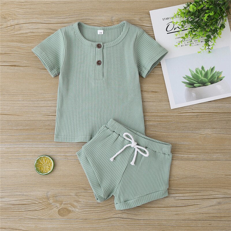 Ropa de verano para bebés, niños y niñas, camisetas con botones de punto acanalado para recién nacidos, camisetas y pantalones cortos, conjuntos de ropa para bebés