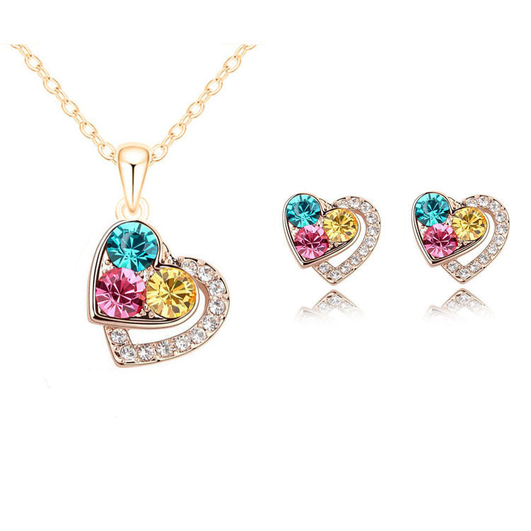 Fashion Women's Earrings Necklace Set Colorful Full Diamond Heart Pendant Necklace Stud Earrings