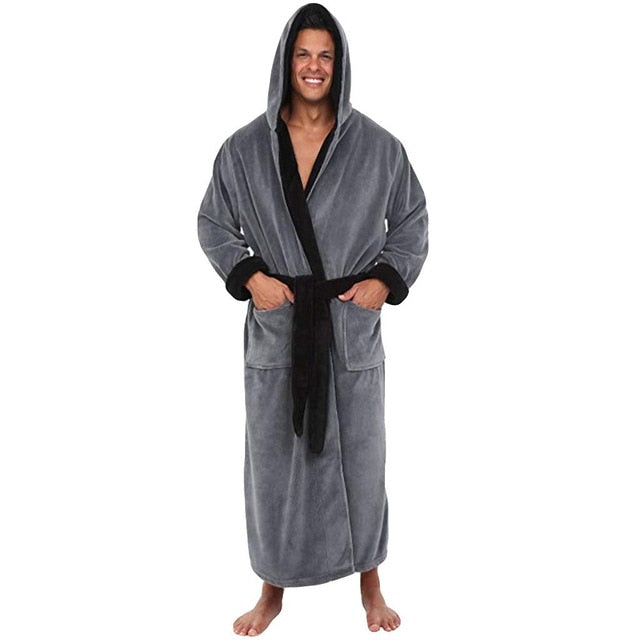 Men Bathrobe Men's Winter Lengthened Plush Shawl Bath Robe Home Clothes Long Sleeved Robe Coat