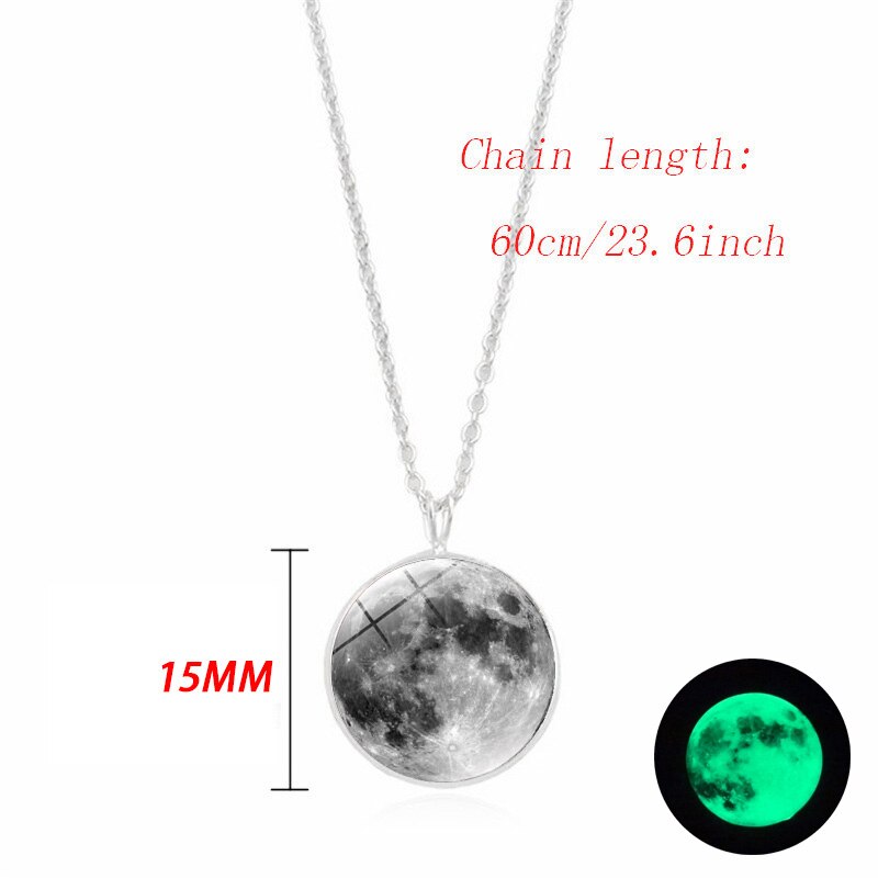 Collar con colgante de cabujón de cristal de 14 mm con forma de luna que brilla en la oscuridad, cadena plateada luminosa 