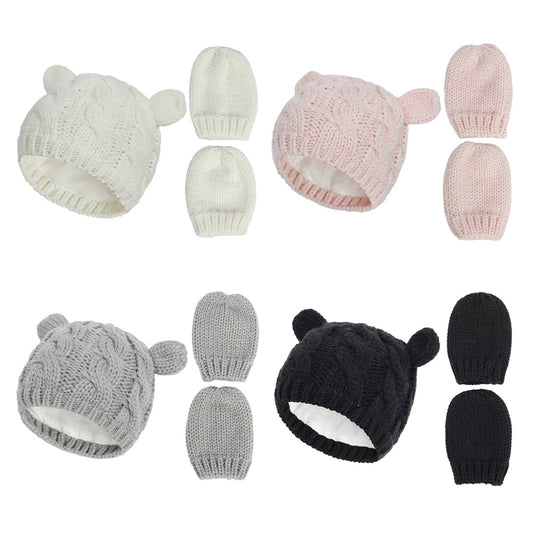 Gorro de punto cálido de invierno para bebés, niñas y niños, con orejas, sólido, cálido, bonito guante, 2 piezas, gorro encantador de 0 a 18 meses