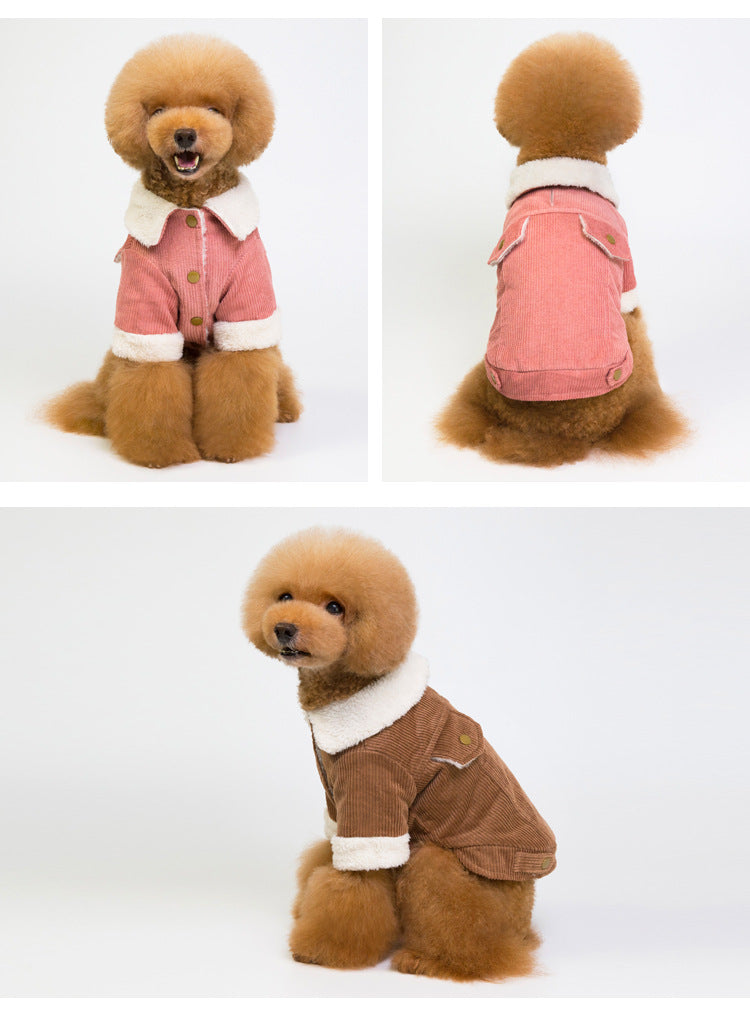 Versión coreana de otoño e invierno, además de chaqueta doble de pana gruesa de terciopelo, abrigo de algodón, ropa de perro de peluche, suministros para mascotas de oso 