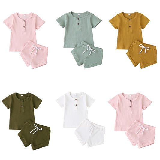 Ropa de verano para bebés, niños y niñas, camisetas con botones de punto acanalado para recién nacidos, camisetas y pantalones cortos, conjuntos de ropa para bebés