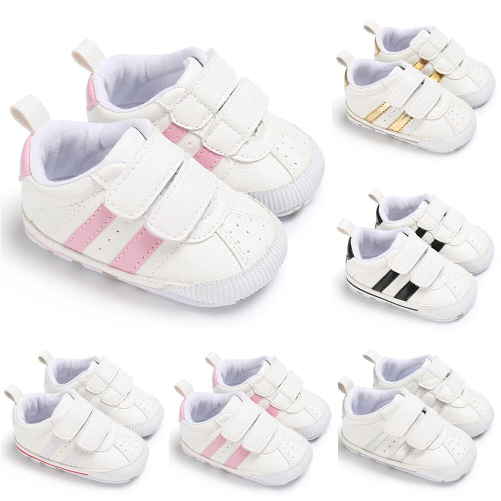 Zapatillas de deporte de suela blanda con velcro para bebés de 0 a 18 meses, zapatos de cuna para bebés y niñas, zapatos deportivos antideslizantes de cuero