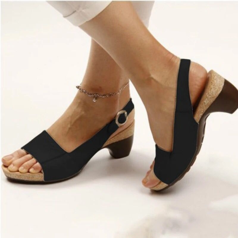 New Summer Medium Heel Thick Bottom Buckle Fish Mouth Sandals Womens Large Heels