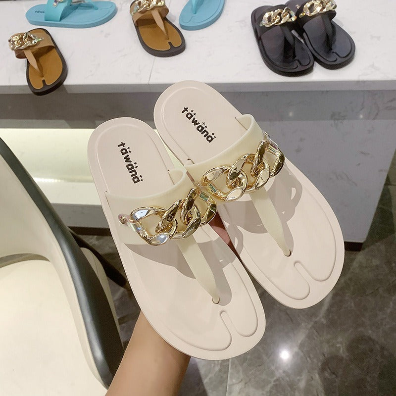 TAWANA - Chanclas de verano con cadena de imitación, tipo T, suela plana, zapatillas de moda para exteriores, zapatos de mujer de moda