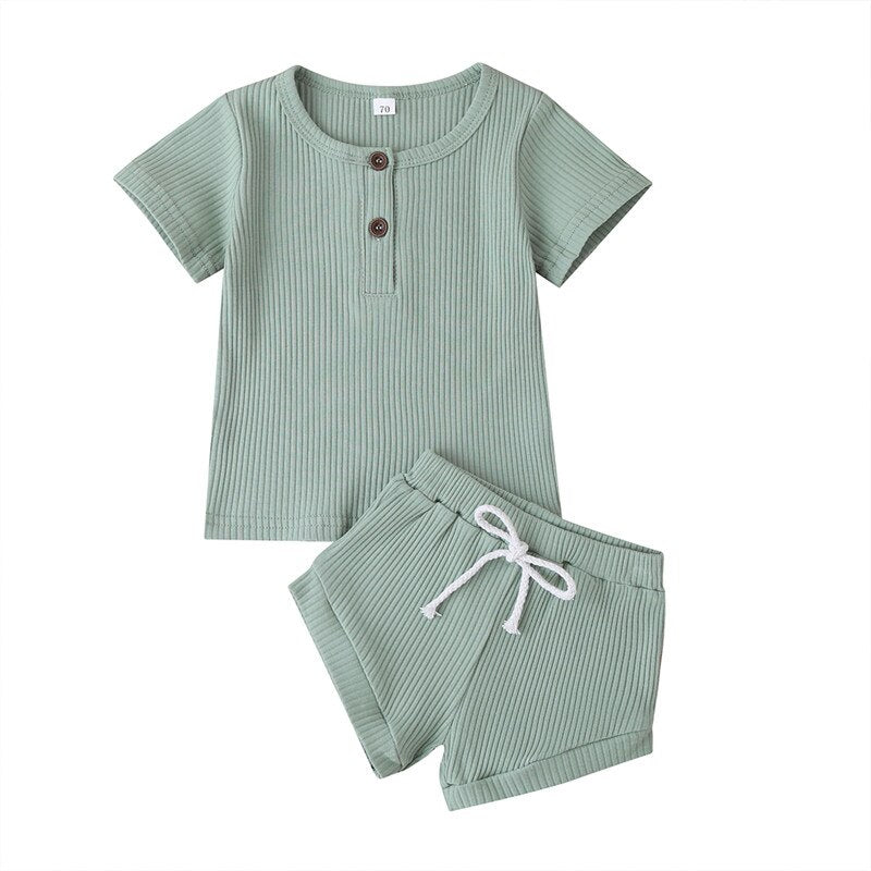 Ropa de verano para bebés, niños y niñas, camisetas con botones de punto acanalado para recién nacidos, camisetas y pantalones cortos, conjuntos de ropa para bebés