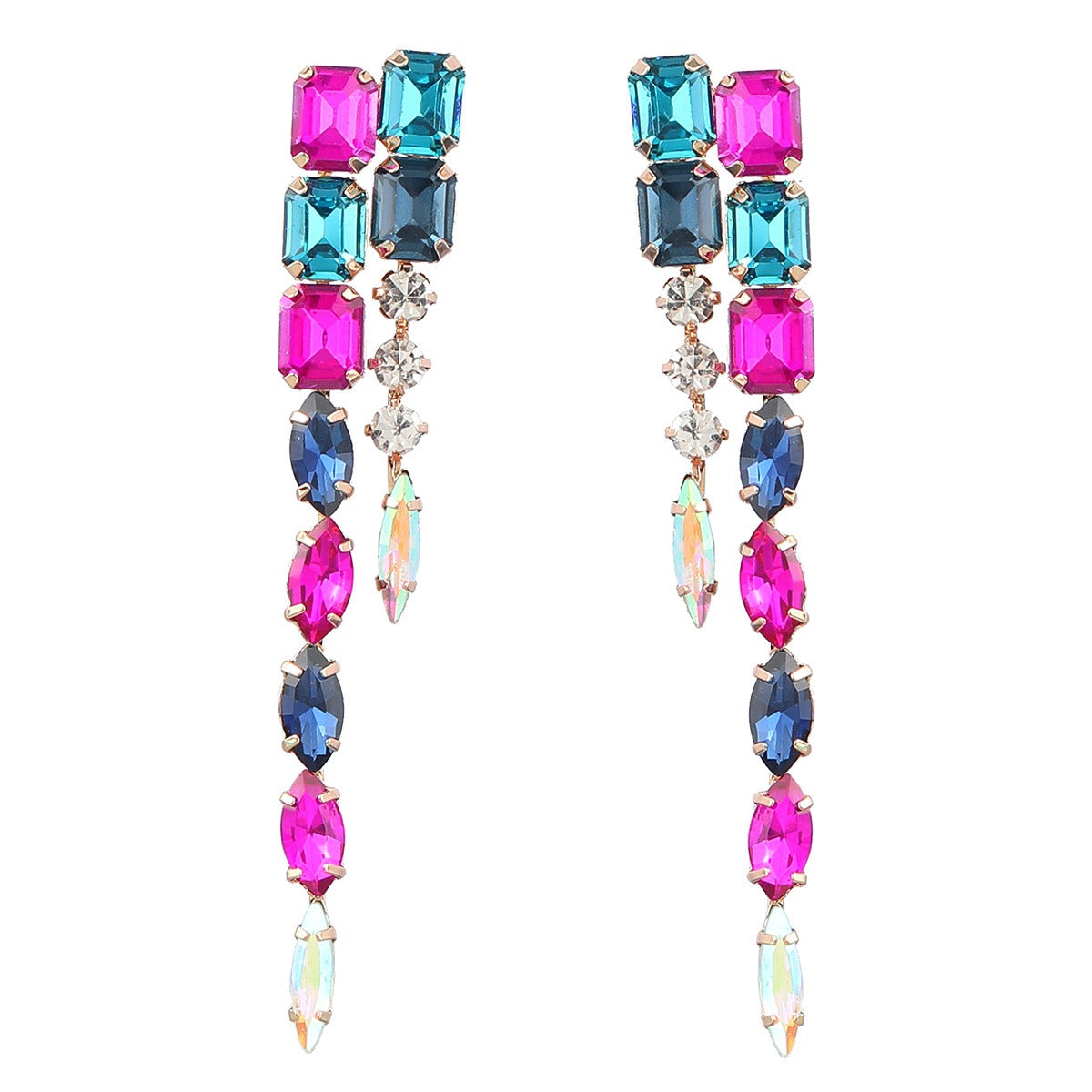 Pendientes largos geométricos de doble capa con incrustaciones de diamantes de aleación de serie de diamantes de colores de moda para mujer