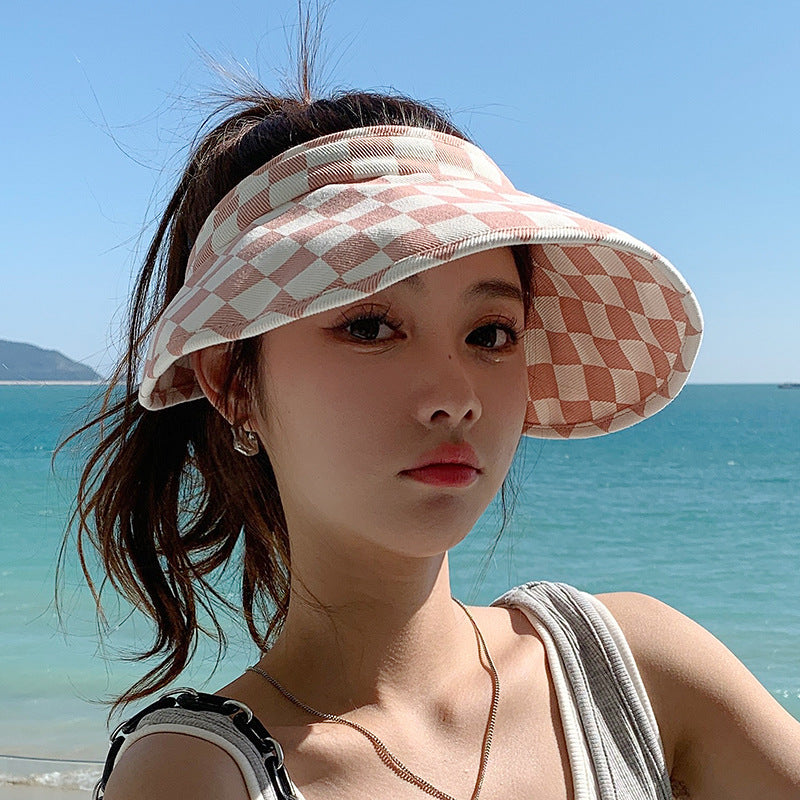 Cotton Good Checkerboard Empty Top Hat Women's Summer Face Protection Folding Sun Hat Concave Shape Sun Hat